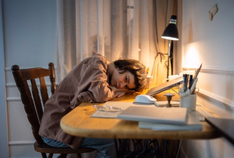 A student rests their head on a desk late at night, surrounded by school supplies and an open laptop, lit by a single desk lamp